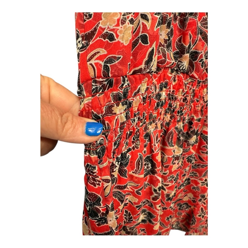 Parker Red Black Silk Floral V Neck Dress Mini Smocked Waist Ruffled Mini Dress - Picture 11 of 15